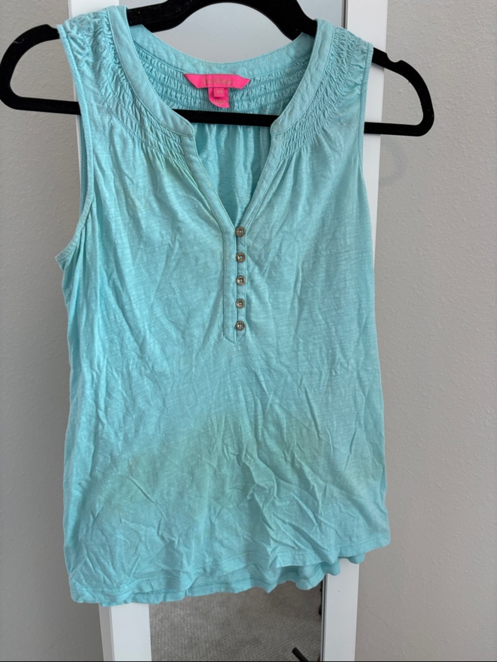 Lilly Pulitzer Light Aqua Henley Tank with Smocked Yoke